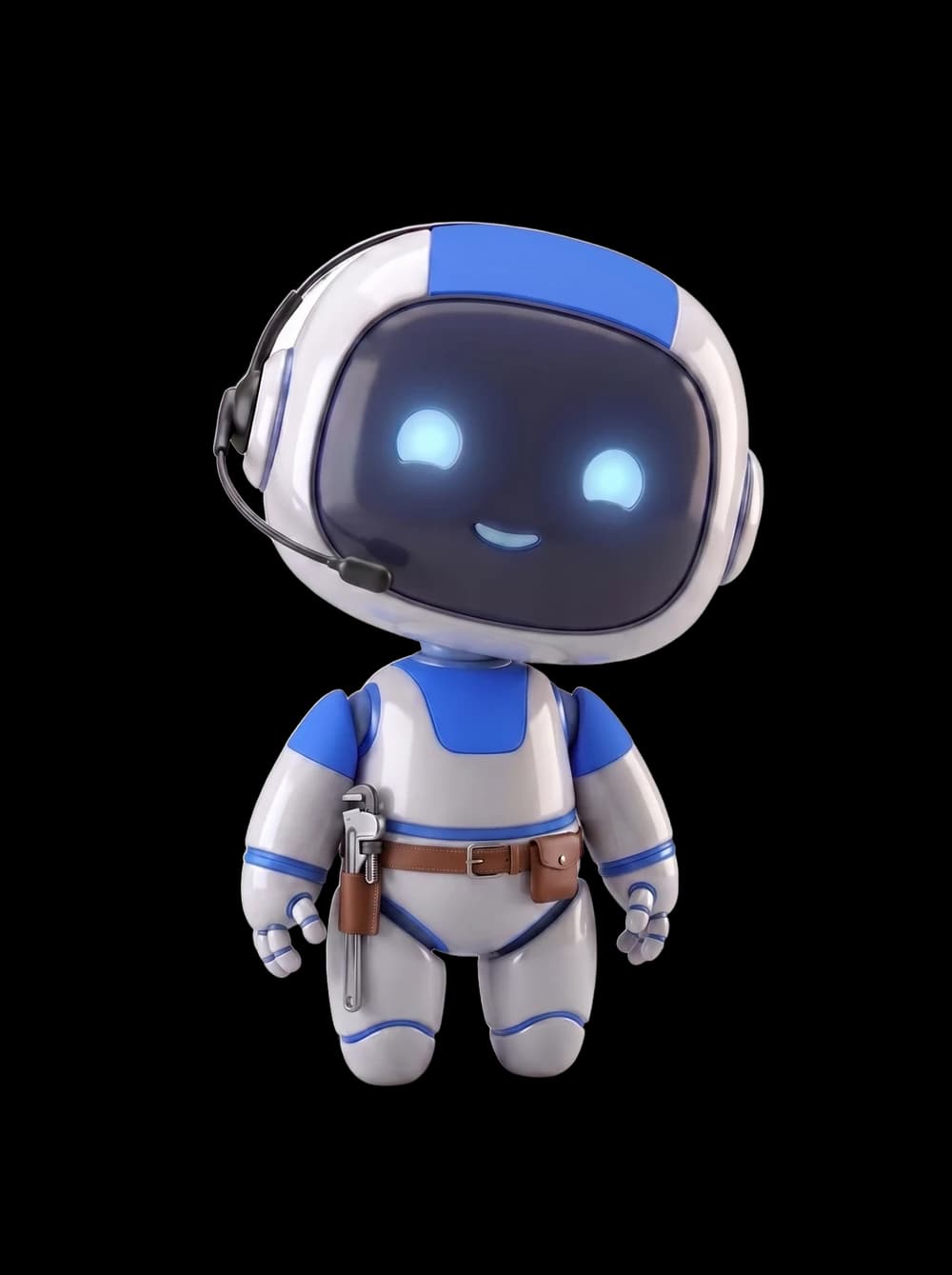 Camille, l'assistante vocale de Mon Atelier : un petit robot blanc et bleu portant un casque téléphonique et une ceinture à outils