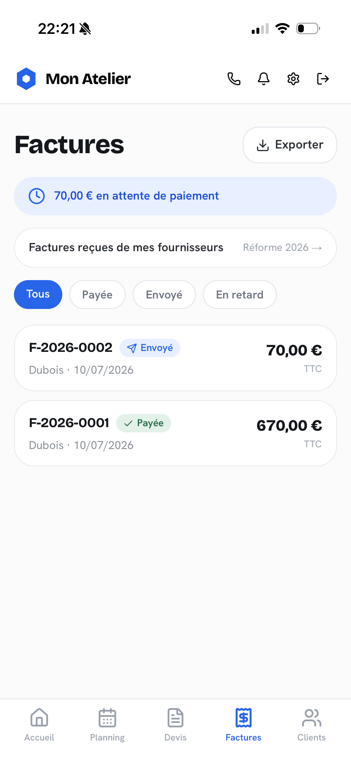 Écran Factures de l'application Mon Atelier