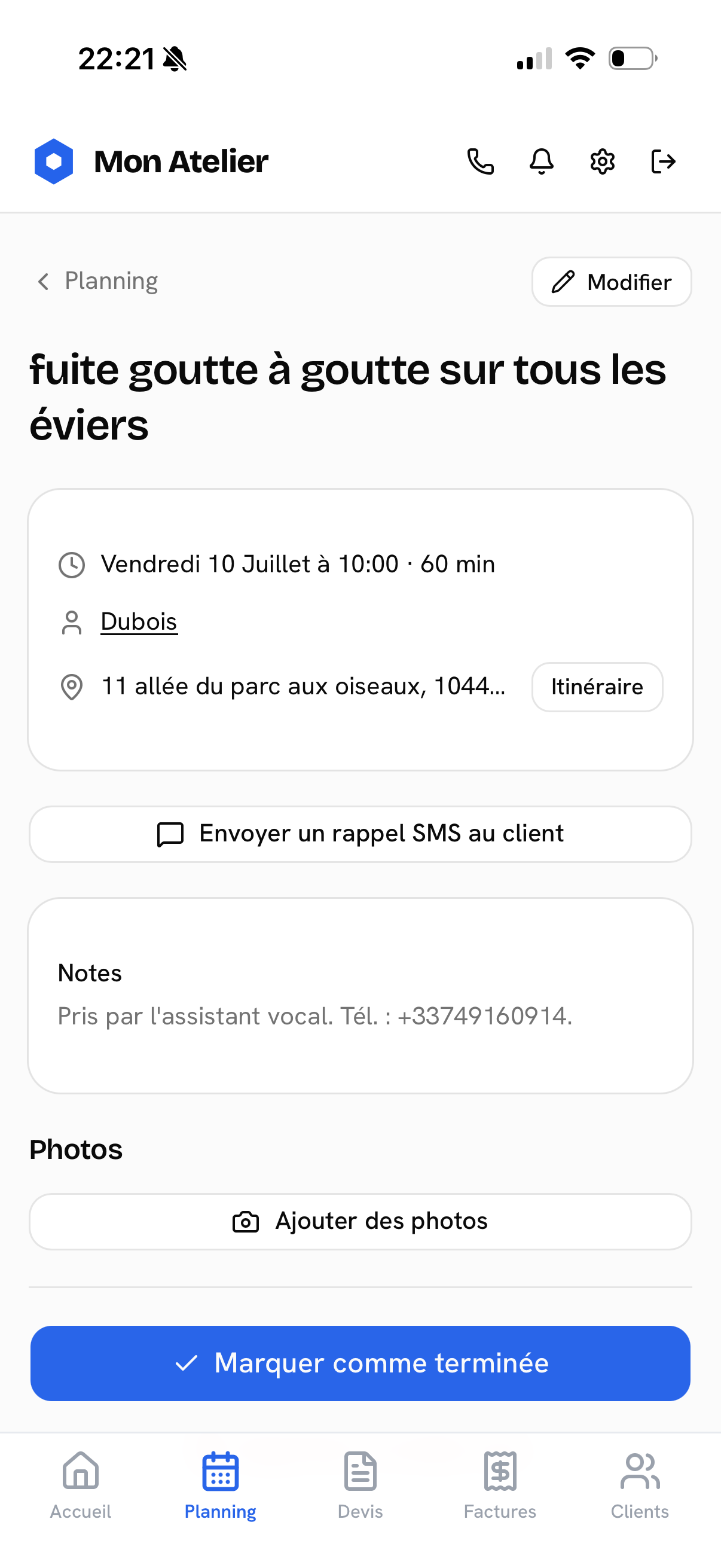 Écran Rendez-vous de l'application Mon Atelier