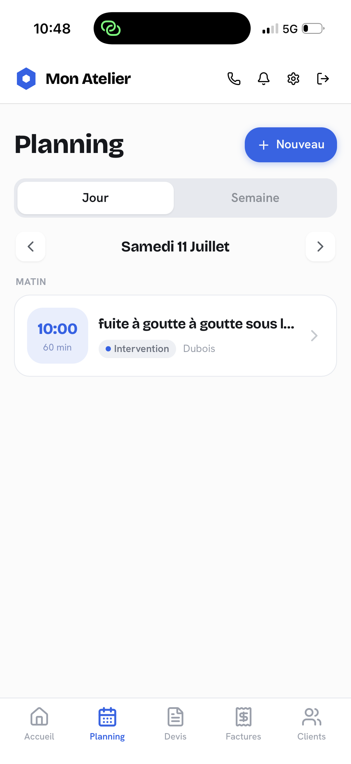 Écran Planning de l'application Mon Atelier