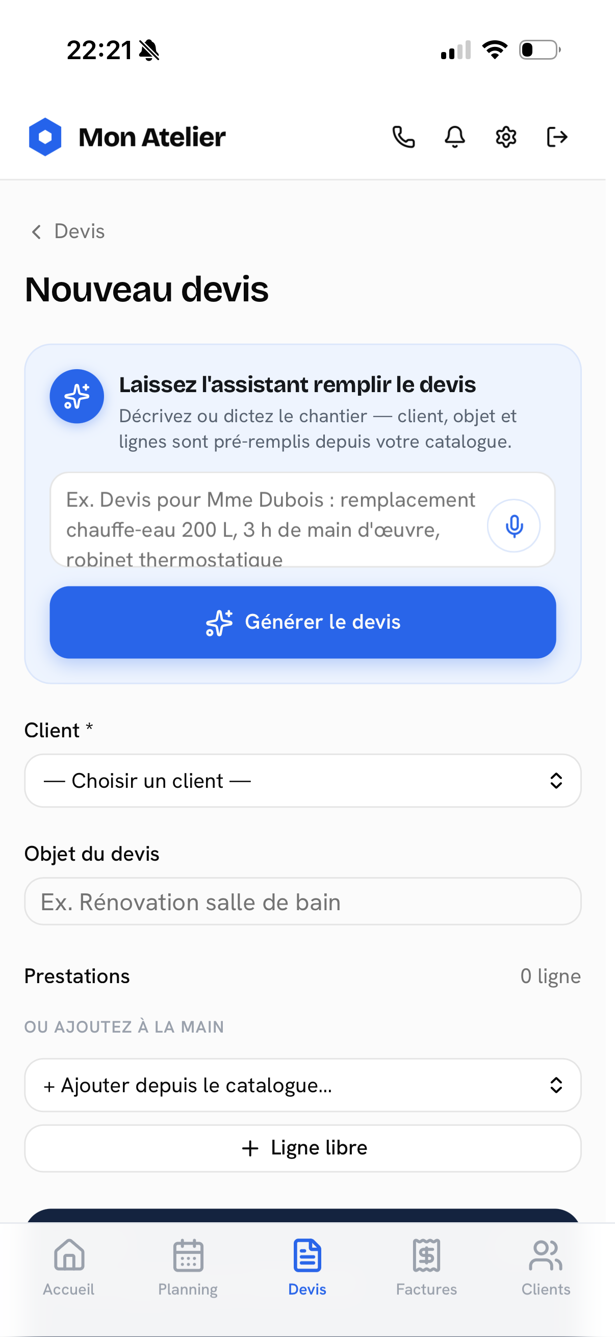 Écran Devis assisté de l'application Mon Atelier